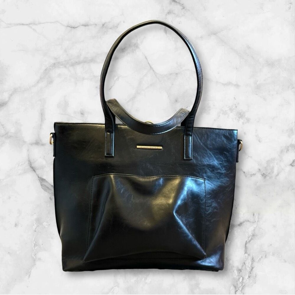 Ella Dane Women's Sleek Black Large Shiny Leather Classic Shoulder Tote Bag Mini - Picture 3 of 6